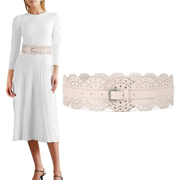 Women\'s Wide Dresses Chunky Thick Leather Waist Prong Buckle Belts Silver Beige main image 6